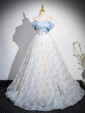 Blue Tulle Printing Floor Length Prom Dress, Off the Shoulder Backless Evening Dress HZ1024