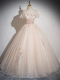 Champagne Tulle Floor Length Prom Dress, Off the Shoulder Evening Party Dress HZ1024
