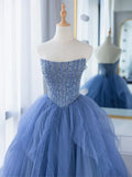 Blue Strapless Tulle Sequins Long Prom Dress, Beautiful A-Line Formal Party Dress HZ1024