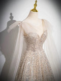 Champagne Tulle Sequins Long Prom Dress, Sparkling A-Line Evening Party Dress HZ1024