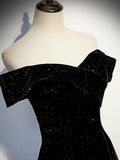Black Velvet Long Prom Dress, Black Off the Shoulder Evening Party Dress HZ1024