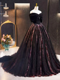 Black Velvet Tulle Long Prom Dress with Rose Print Pattern, Elegant Off the Shoulder Party Dress HZ1024