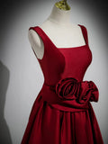 Burgundy Satin Long Prom Dress with Flowers, Elegant A-Line Party Dress HZ1024