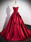 Burgundy Satin Strapless Long Prom Dress, Beautiful A-Line Evening Party Dress HZ1024
