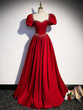 Elegant Burgundy Floor Length Prom Dress, A-Line Beading Puffy Short Sleeve Backless Evening Dress HZ1024