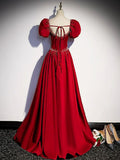 Elegant Burgundy Floor Length Prom Dress, A-Line Beading Puffy Short Sleeve Backless Evening Dress HZ1024