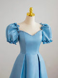 Blue Satin Beaded Floor Length Prom Dress, Blue A-Line Short Sleeve Evening Dress HZ1024