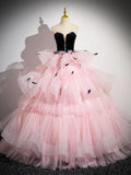Pink Tulle and Black Velvet Strapless Party Gown, Pink Backless Ruffles Formal Evening Dress HZ1024