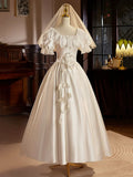 White Satin Tea Length Prom Dress with Lace, Retro A-Line Evening Party Dress HZ1024