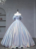Blue Tulle Sequins Long Formal Dress, Off the Shoulder Princess Dress Sweet 16 Dress HZ1024