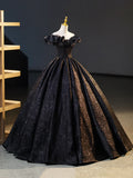 Black V-Neck Floor Length Formal Dress, A-Line Off the Shoulder Evening Party Dress HZ1024