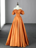 Orange Floor Length Satin Long Prom Dress, Off the Shoulder Evening Party Dress HZ1024
