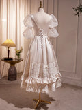 Beautiful Scoop Neck Tea Length Prom Dress, A-Line Puffy Short Sleeve Backless Party Dress HZ1024