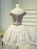 Champagne Tea Length Lace Party Dress, Off the Shoulder Evening Dress HZ1024