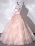 Pink Strapless Tulle Long Formal Dress, Pink A-line Prom Dress with Feathers HZ1024