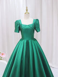 Green Satin Floor Length Prom Dress, Green Short Sleeve Evening Dress HZ1024