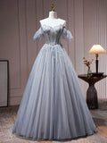 Gray Tulle Off Shoulder Beaded Party Dress, A-Line Tulle Formal Dress Prom Dress HZ1024