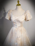 Champagne Tulle Long Formal Dresses, Champagne Short Sleeve Evening Dresses HZ1024