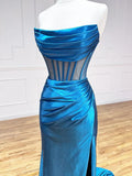 Blue Strapless Pleated Long Prom Dress, Blue Satin Party Dress HZ1024