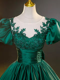 Green Satin Lace Floor Length Formal Dress, Short Sleeve A-Line Evening Dress HZ1024