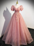 Pink Tulle Floor Length Prom Dress with Short Sleeve, Beautiful A-Line Evening Dress HZ1024