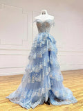 Blue Tulle Sequins Long Prom Dress, Beautiful Off Shoulder Evening Dress HZ1024