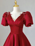 Burgundy V-Neck Satin Long Prom Dress, Burgundy Formal Evening Dress HZ1024