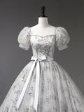 Gray Tulle Sequins Long Prom Dress, A-Line Short Sleeve Evening Dress HZ1024