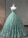 Green Floral Tulle Long Prom Dress, Cute Off Shoulder Evening Party Dress HZ1024