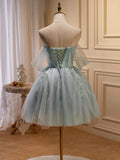 Green Tulle Beaded Short Prom Dress, Cute Off Shoulder Homecoming Dress HZ1024