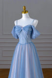 Blue Spaghetti Strap Tulle Floor Length Prom Dress, A-Line Evening Dress HZ1024