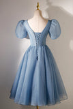 A-line V-neck Sequins Short Prom Dress, Blue Short Sleeve Evening Dress HZ1024