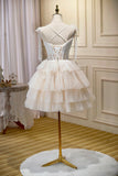 Champagne Lace Short Party Dress, A-Line Spaghetti Strap Evening Dress HZ1024