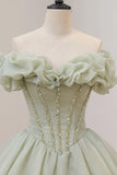 Green Ball Gown, A-Line Off the Shoulder Evening Gown with Beaded HZ1024