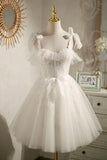 Champagne Tulle Lace Knee Length Prom Dress, Cute A-Line Party Dress HZ1024