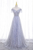 A-Line Tulle Sequins Long Prom Dress, Off the Shoulder Evening Party Dress HZ1024