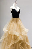 Black Straps V-Neck Layers Tulle Long Party Dresses, Glam Prom Dresses HZ1024