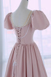 Pink Satin Long A-Line Prom Dress, Cute Short Sleeve Evening Dress HZ1024