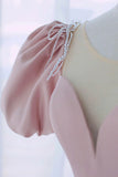 Pink Satin Long A-Line Prom Dress, Cute Short Sleeve Evening Dress HZ1024