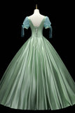 Green Satin Long A-Line Ball Gown, Green Short Sleeve Evening Gown HZ1024