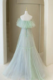 Green Tulle Floor Length Prom Dress, A-Line Off Shoulder Evening Dress HZ1024