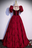 Burgundy Velvet Long A-Line Prom Dress, Short Sleeve Evening Dress HZ1024