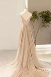 Gold V-Neck Sequins Long Prom Dress, A-Line Evening Party Dress HZ1024