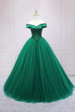 Green Tulle Long A-Line Ball Gown, Off the Shoulder Evening Dress HZ1024