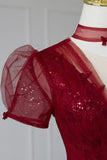 Burgundy Tulle Sequins Tea Length Prom Dress, A-Line Evening Dress HZ1024