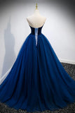 Blue Velvet Tulle Long Prom Dresses, A-Line Strapless Evening Dresses HZ1024