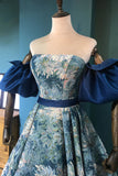 Blue Floral Long Senior Prom Dress, Blue A-Line Evening Dress HZ1024