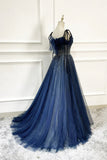 Blue Long Tulle Beaded Prom Dress, Blue Evening Party Dress HZ1024