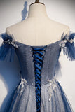 Blue Tulle Sequins Long Prom Dress, A-Line Evening Dress HZ1024