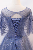 Blue Tulle Sequins Long Prom Dress, A-Line Blue Evening Dress HZ1024